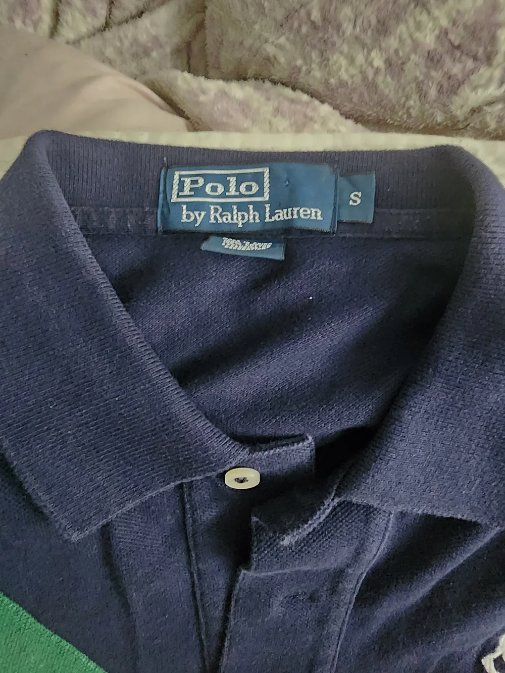 Ralph Lauren Navy Polo with Green & White Diagonal Stripes & Embroidered Logo